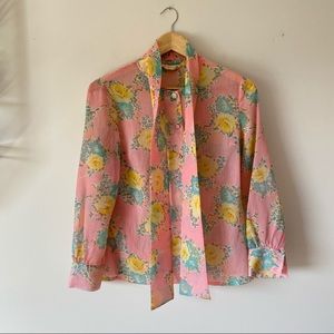 Vintage Floral Blouse with Neck Tie